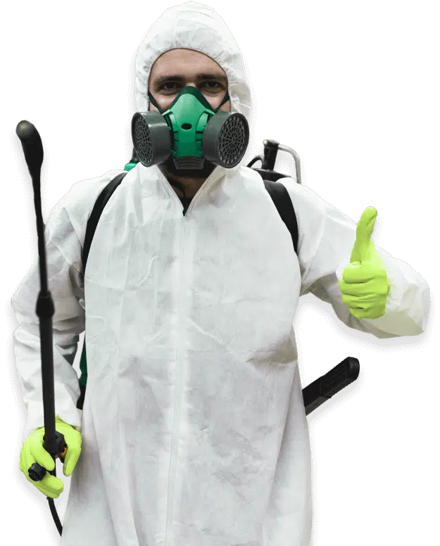 disinfestatore con tuta protettiva e maschera di sicurezza