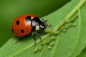 foto di una coccinella su pianta infestata da afidi