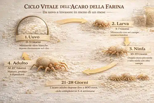 infografica ciclo vitale acari della farina